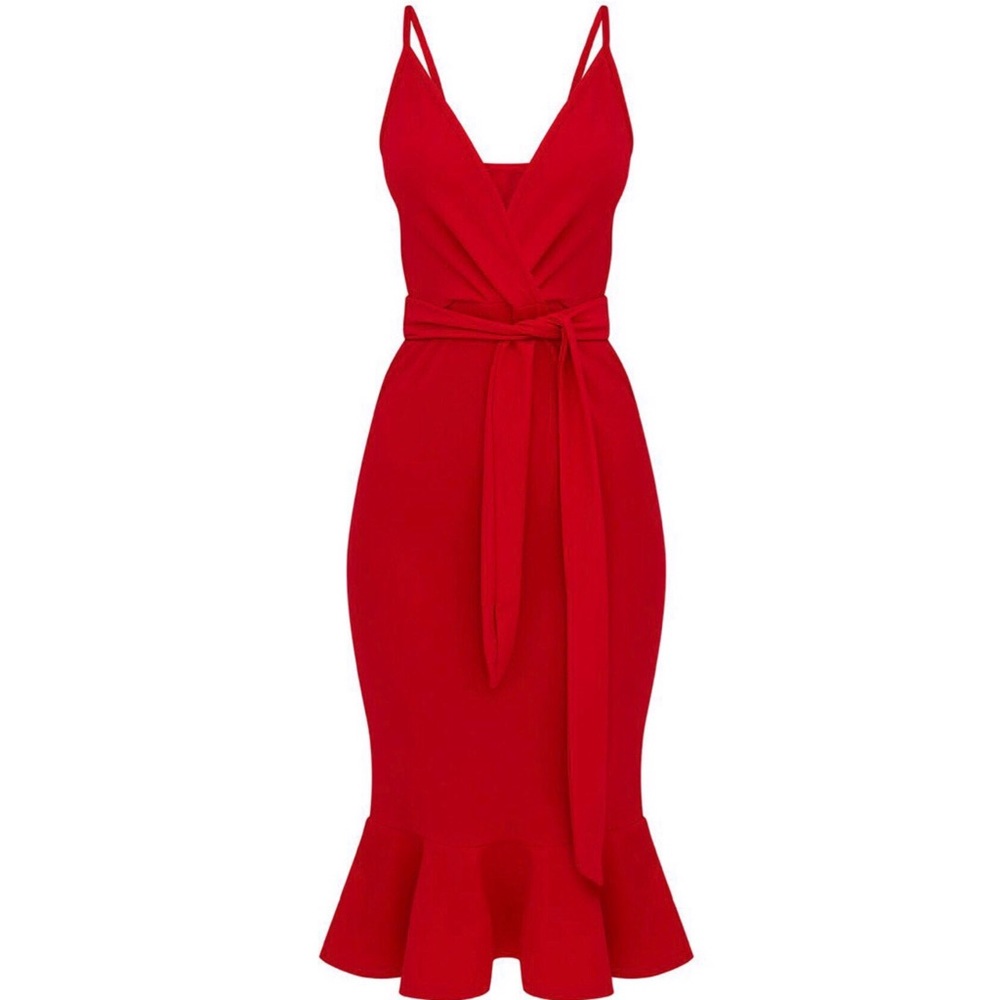 red tie waist fishtail midi dress